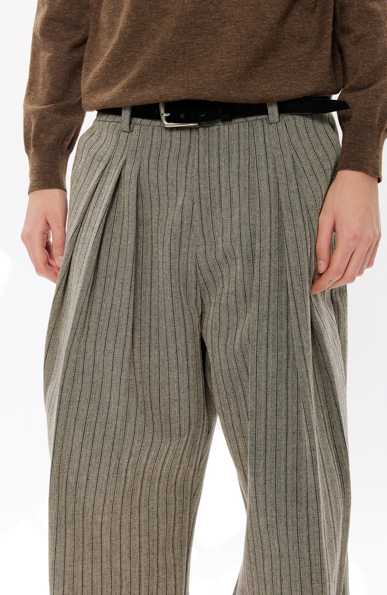 KREATE Pinstripe Pleated Draped Wide Trousers