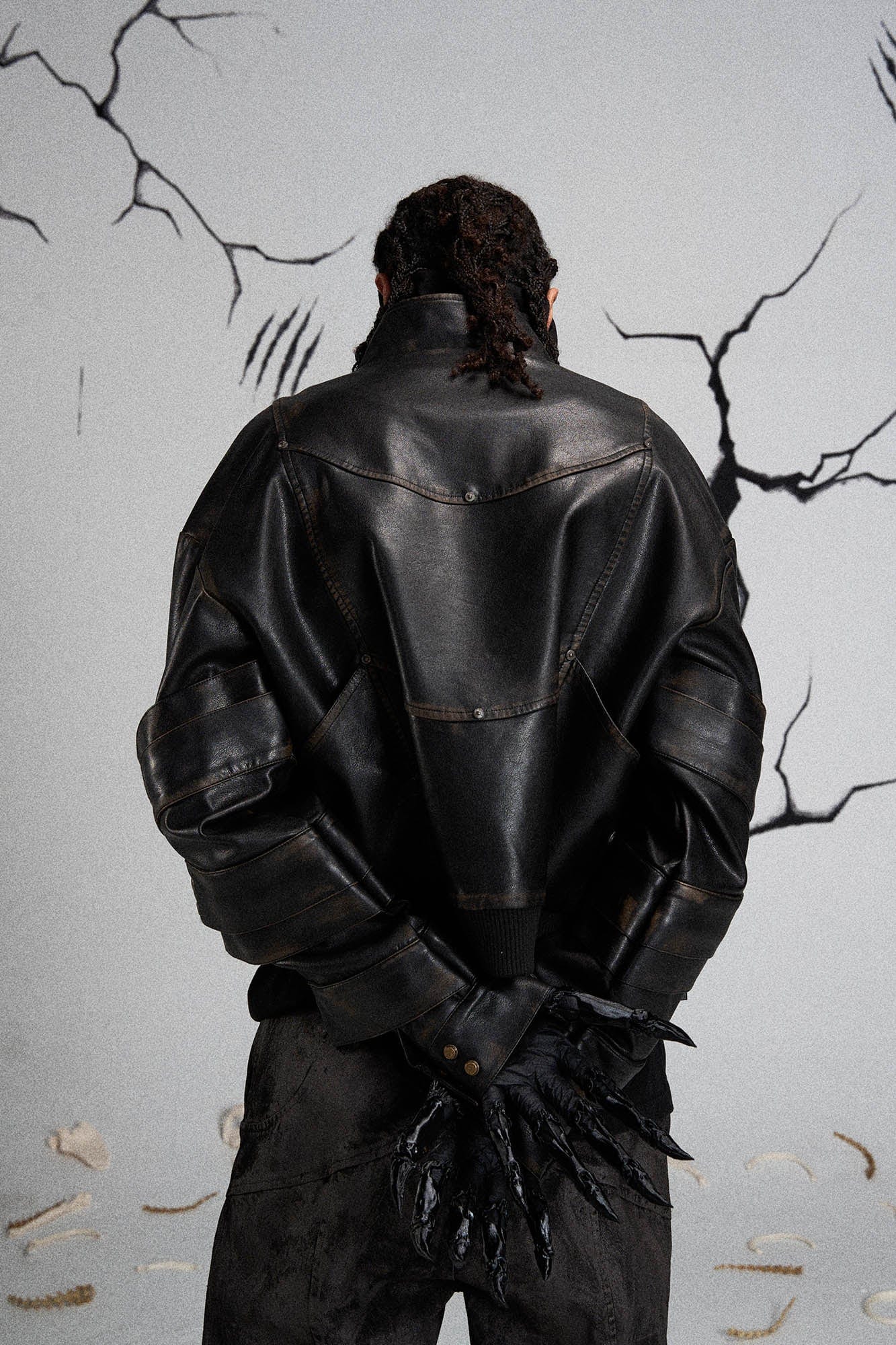 FLYERRER Mutation Layered Armor Spliced Faux Leather Jacket Black
