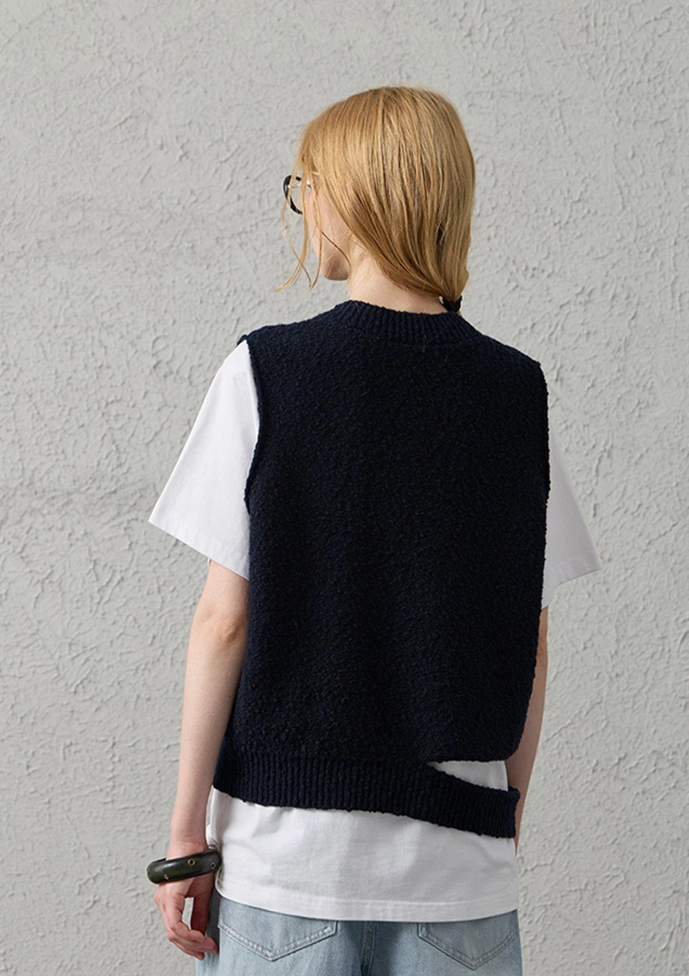 ORGANIC EMOTION Asymmetrical Distressed Bubble-Knit Vest