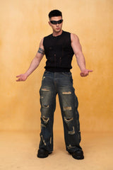 CLP Distressed Buttoned Wide-Leg Jeans