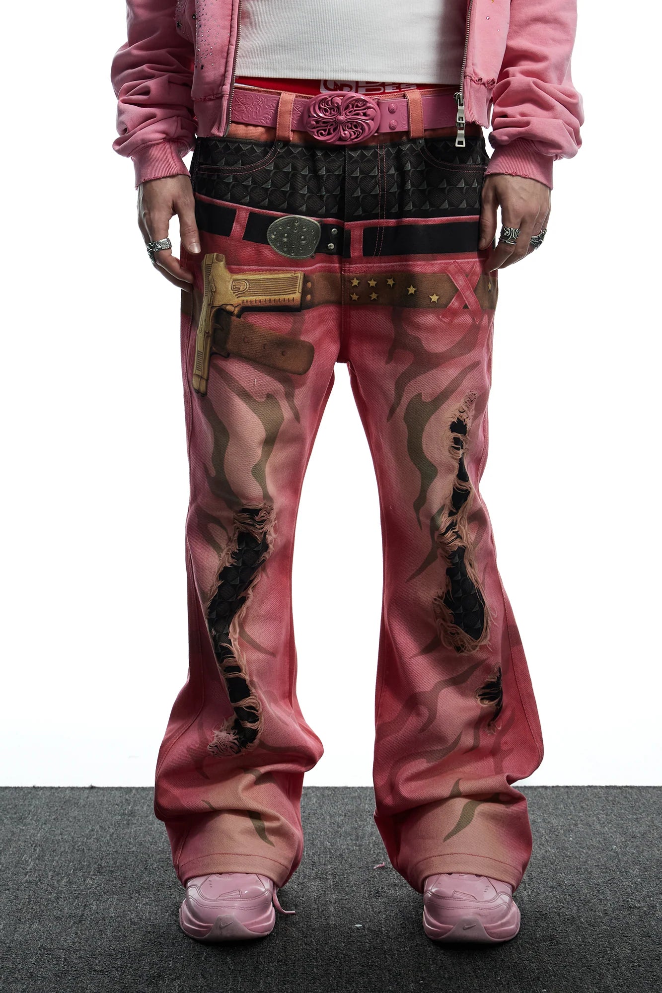 DND4DES Distressed Print Double-Waist Flare Jeans Pink