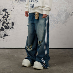 DONSMOKE Ripped Side Stripe Wide-Leg Jeans