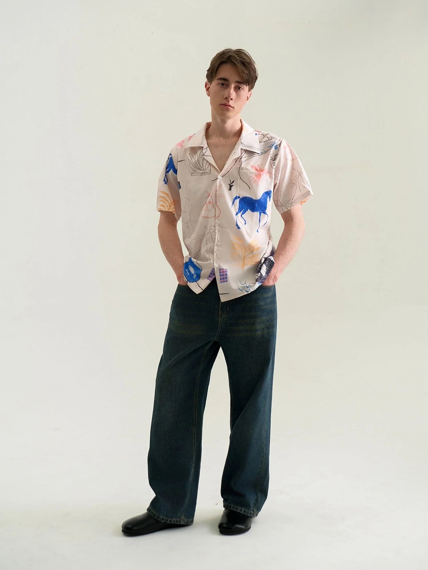 WIID Doodle Sketch Full-Print Cuban Half Shirt