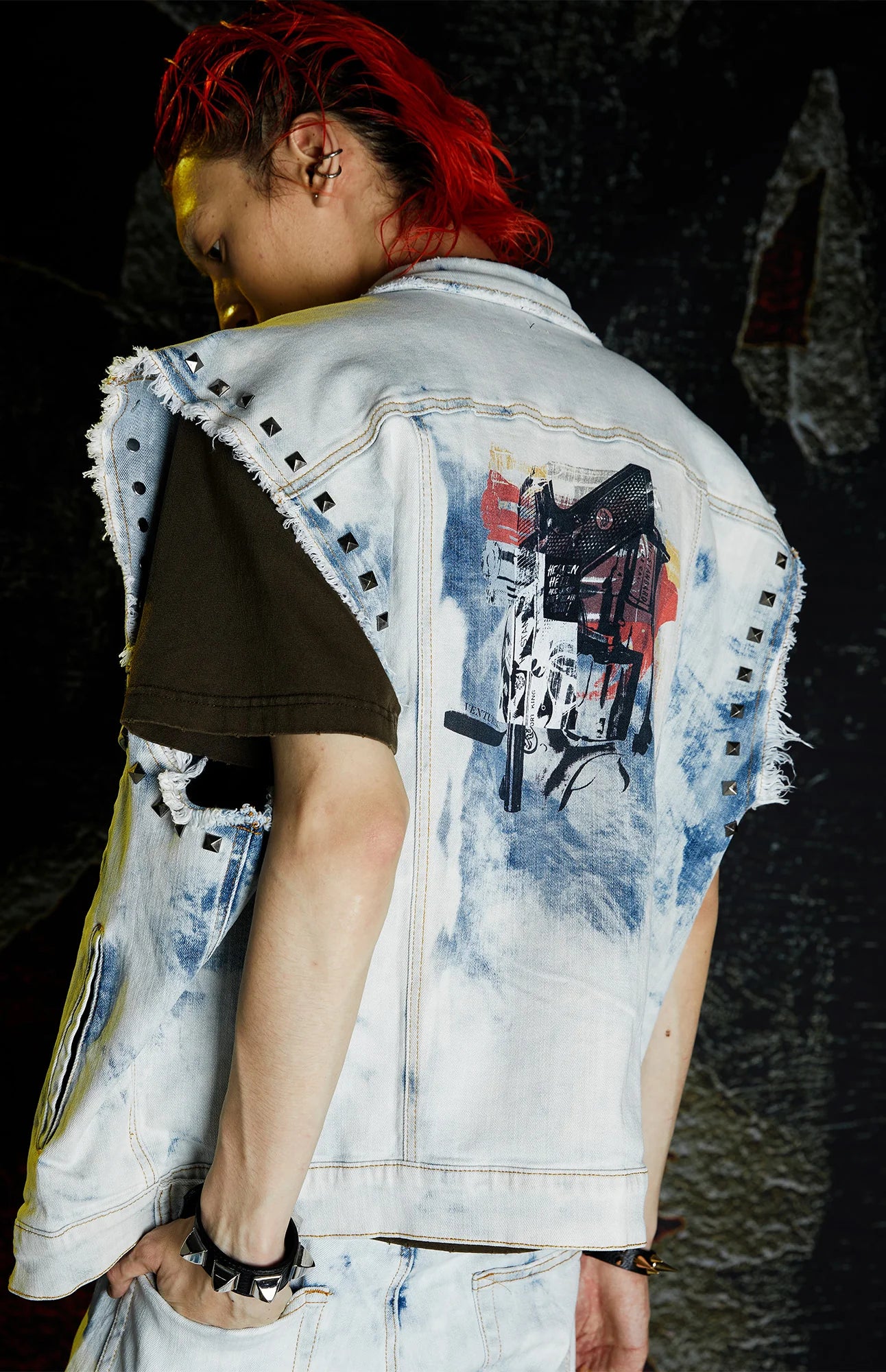 VENTUREK Distressed Washed Studded Patch Denim Vest