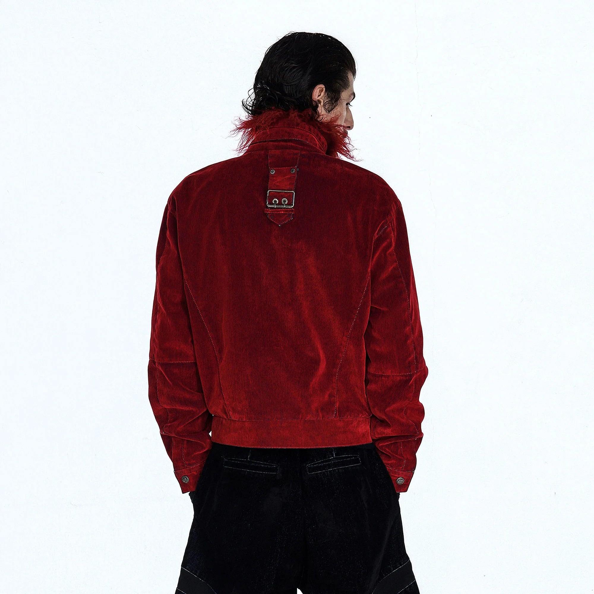 FLYERRER Retro Furry Collar Panel Denim Jacket