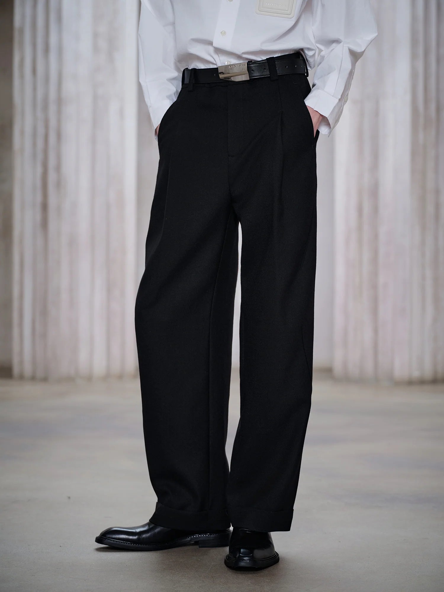 FACEONLAB Classic Wool Pleated Tailored Trousers Black