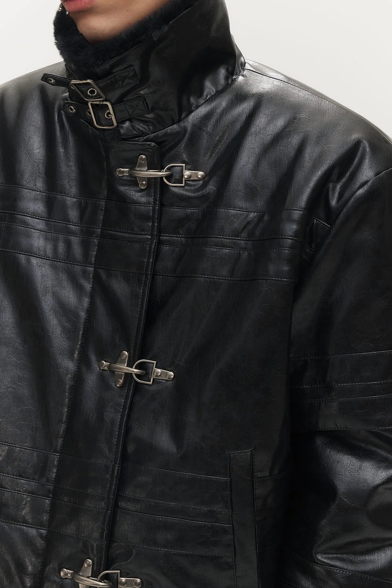 SAVAGEGROWTHWORLD Hook Buckle Faux Leather Puffer Jacket