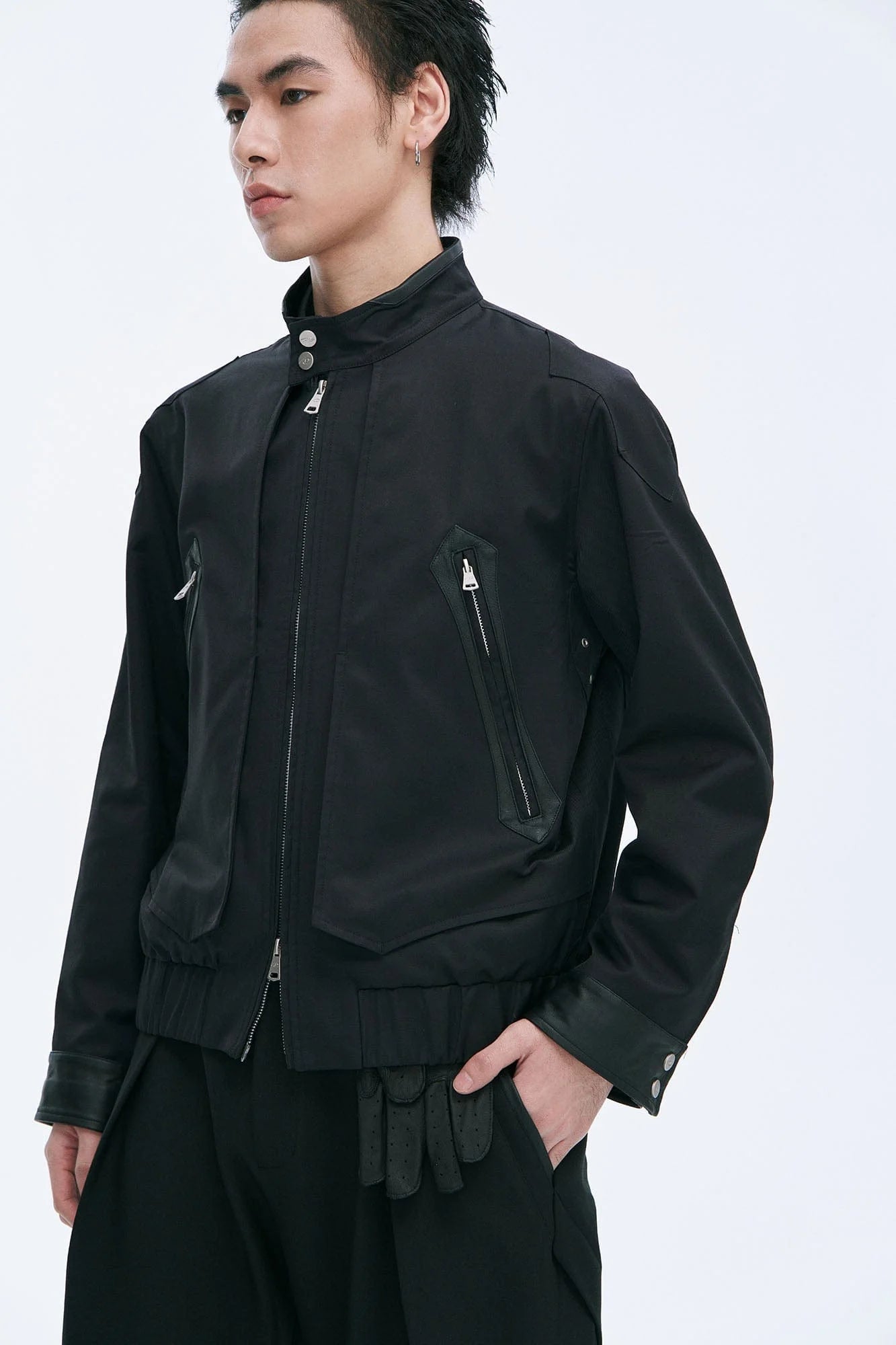 CATSSTAC Leather Panel Stand Collar Jacket