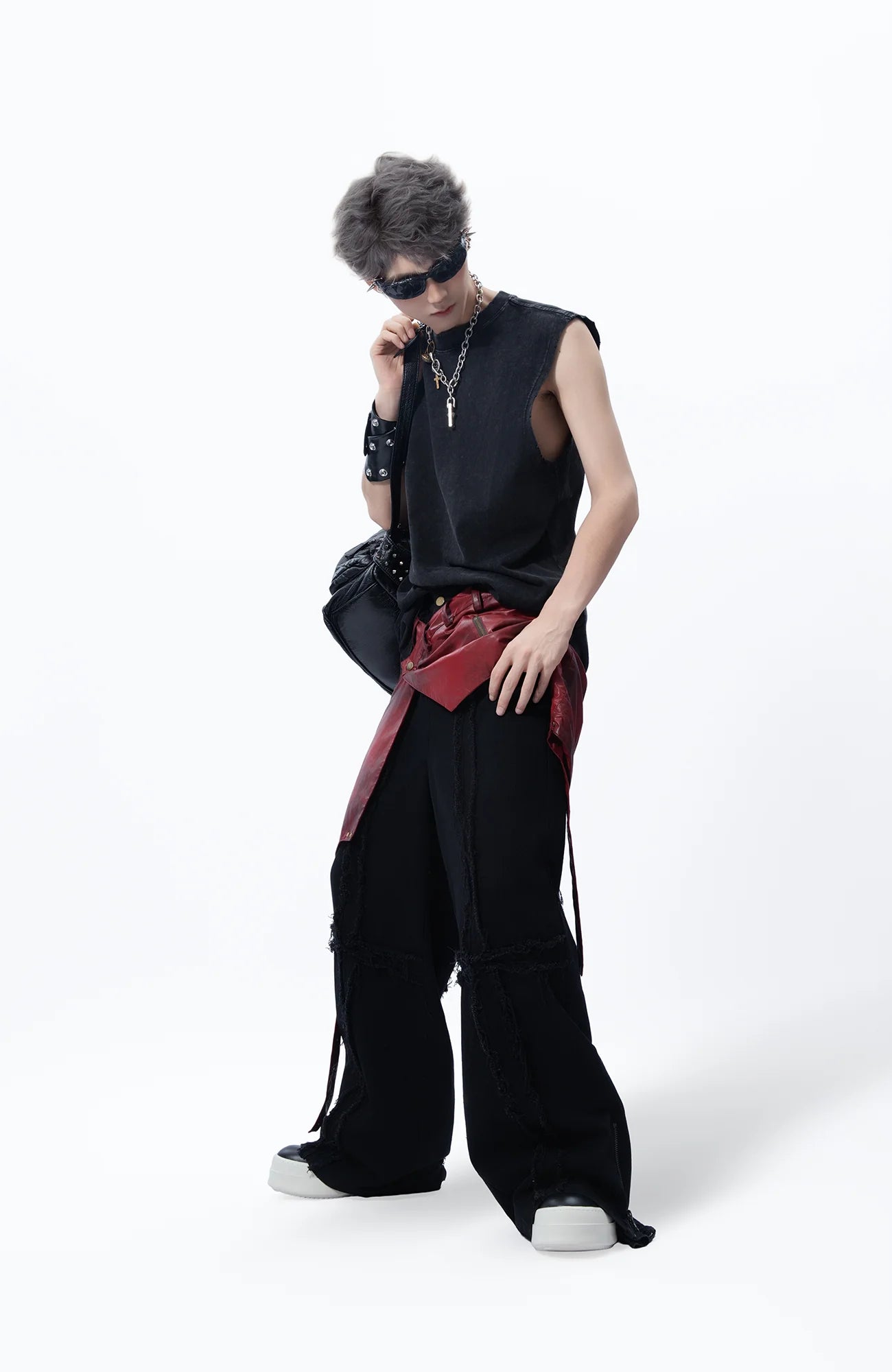 MOGONGSHE Detachable PU Drape  Frayed Cross Jeans