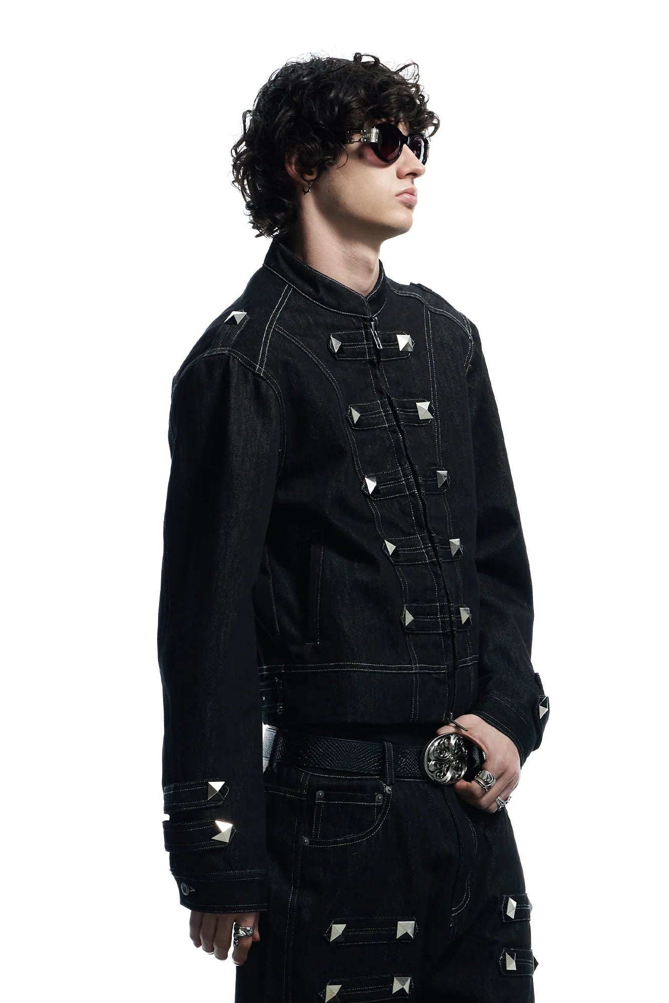DND4DES Studded Stand Collar Raw Denim Jacket