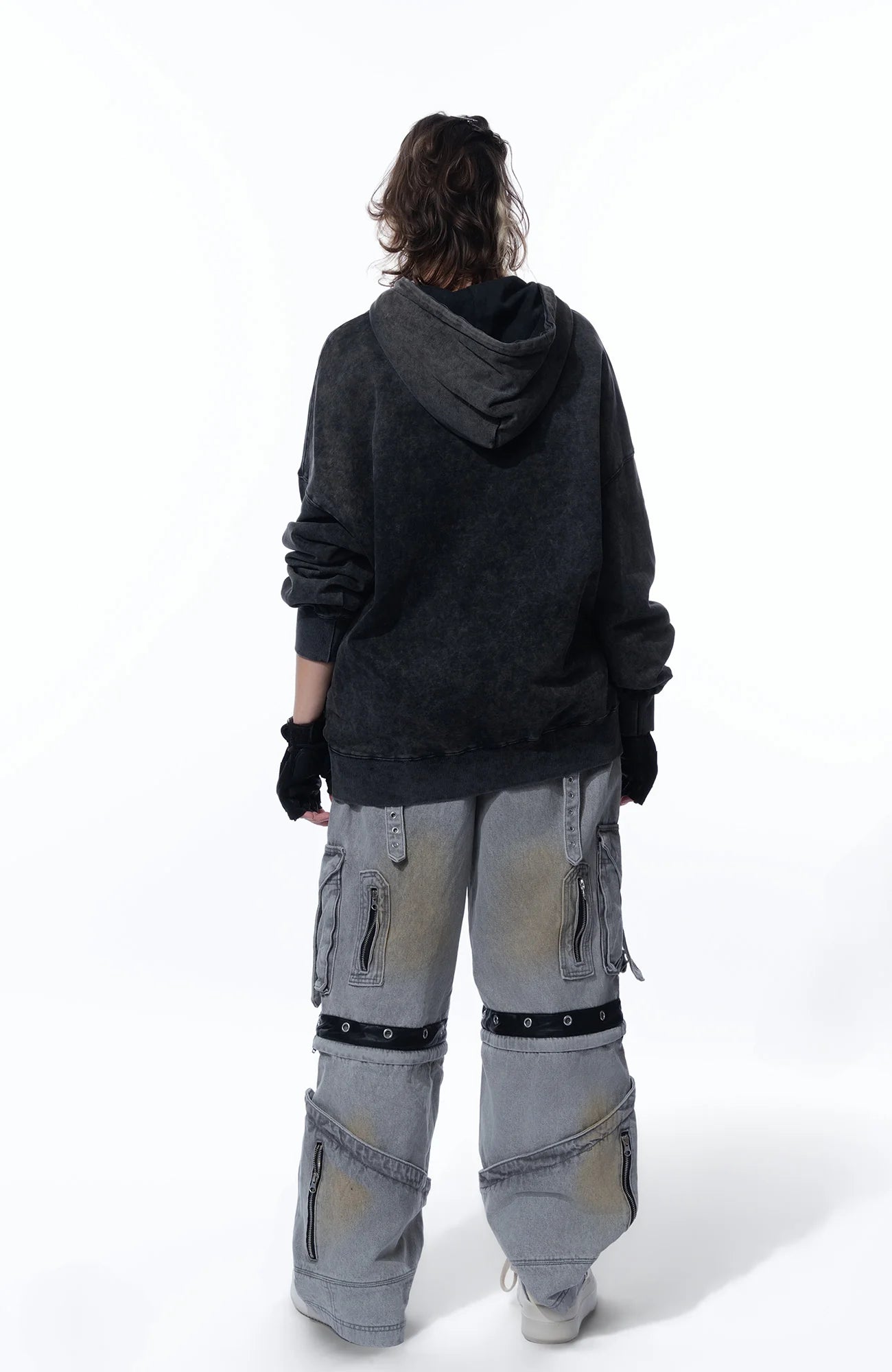 MOGONGSHE Detachable Bleach Washed Utility Cargo Jeans
