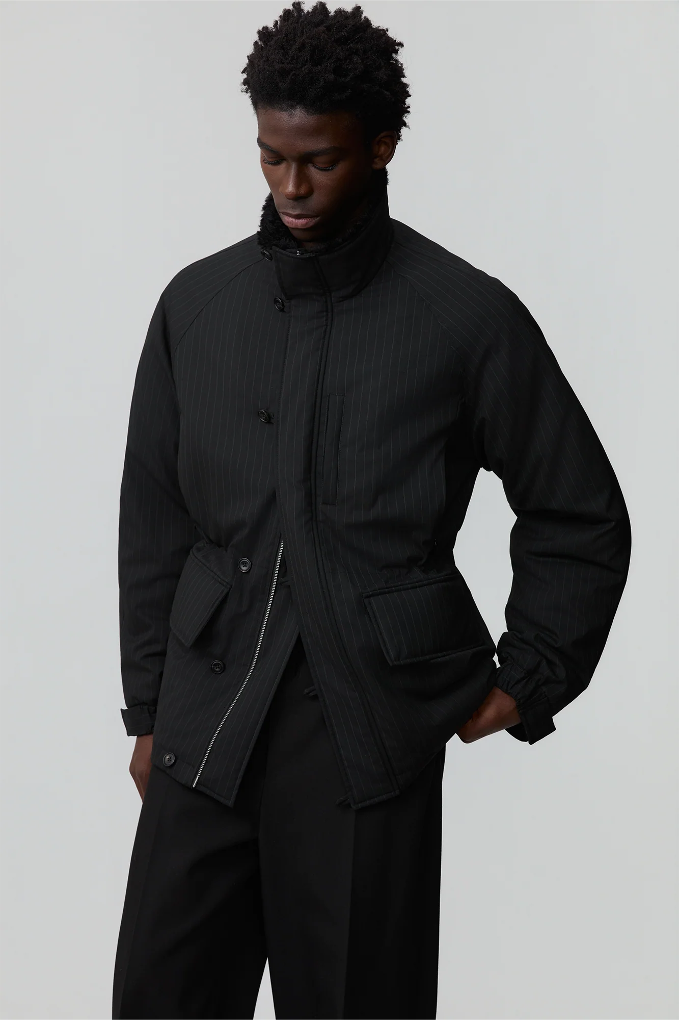 OPICLOTH Pinstriped Faux Fur-Lined Drawstring Jacket