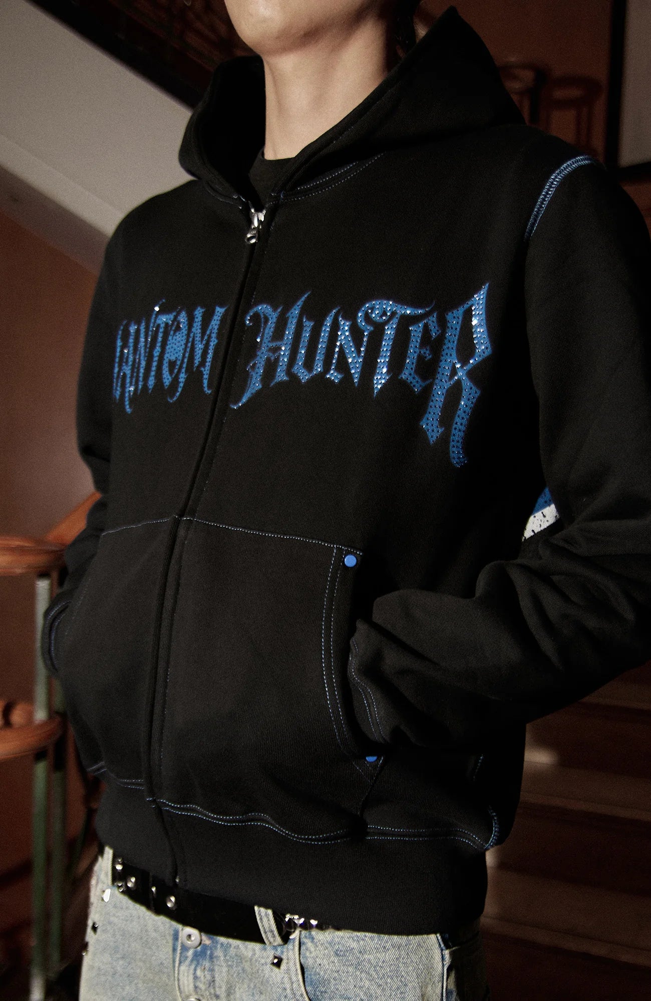 PHANTOMHUNTER Diamond Graphic Cropped Zip Hoodie