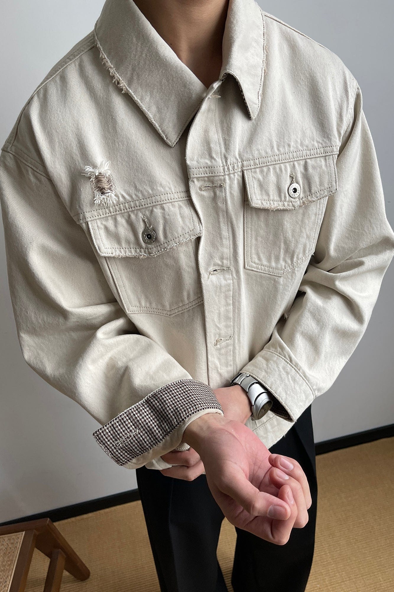 OKAYTHXBYE Distressed Houndstooth-Lined Frayed Jacket