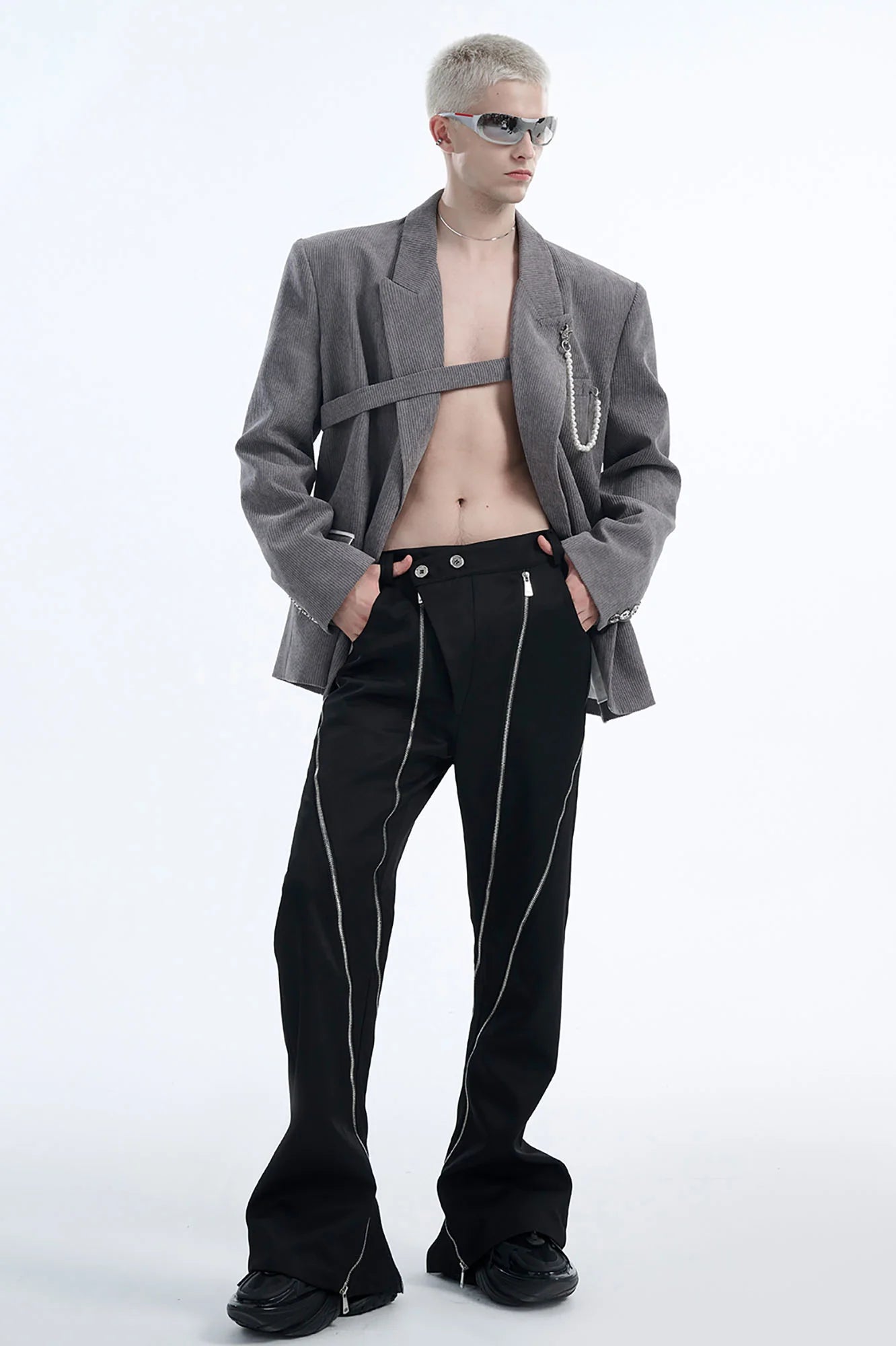 TIWILLTANG Asymmetrical Strap Pearl-Chain Corduroy Blazer
