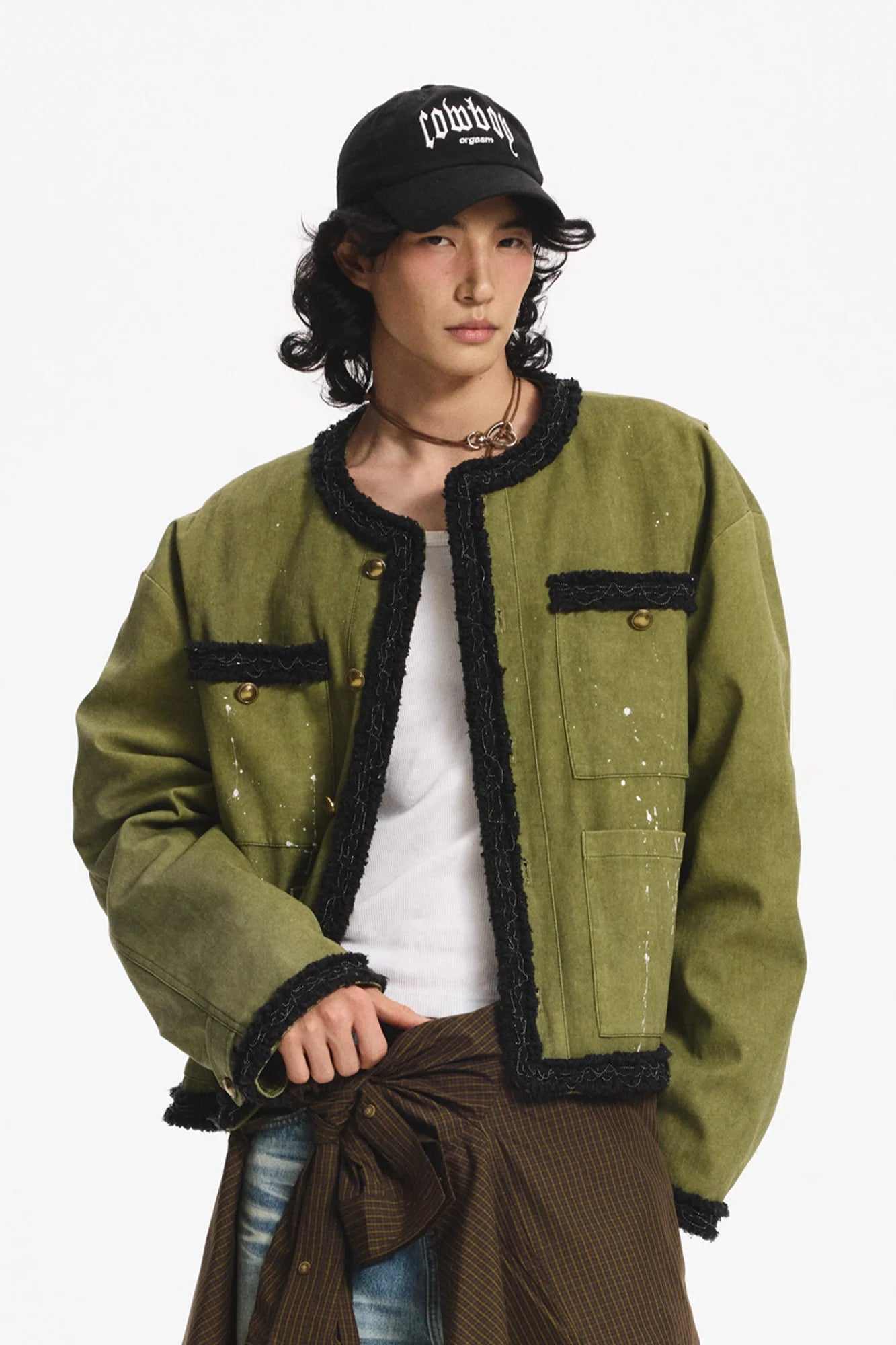 LEONSENSE Paneled Fleece Trim Paint-Splattered Jacket