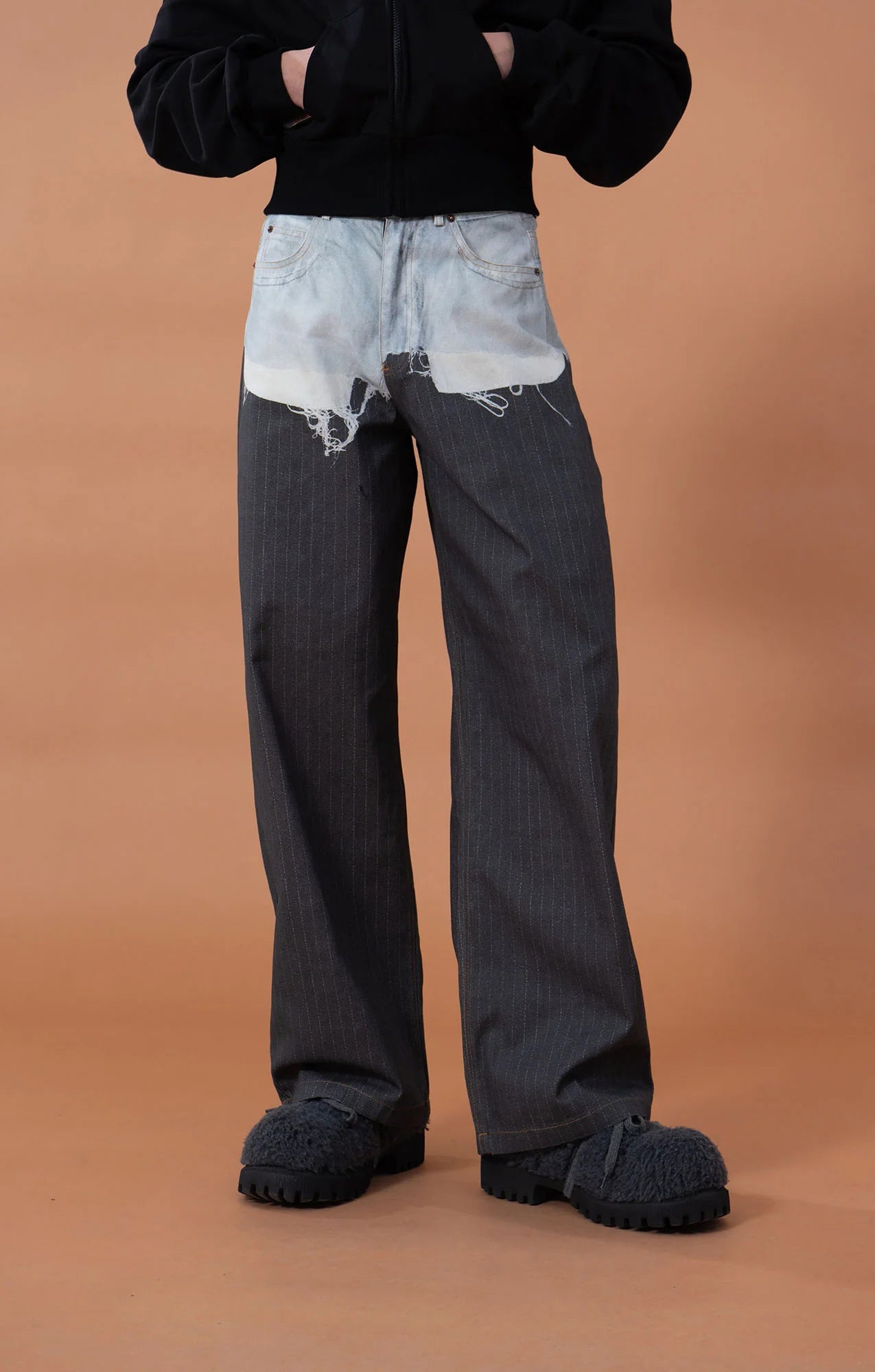 CLP Denim-Waist Pinstripe Straight-Leg Pants