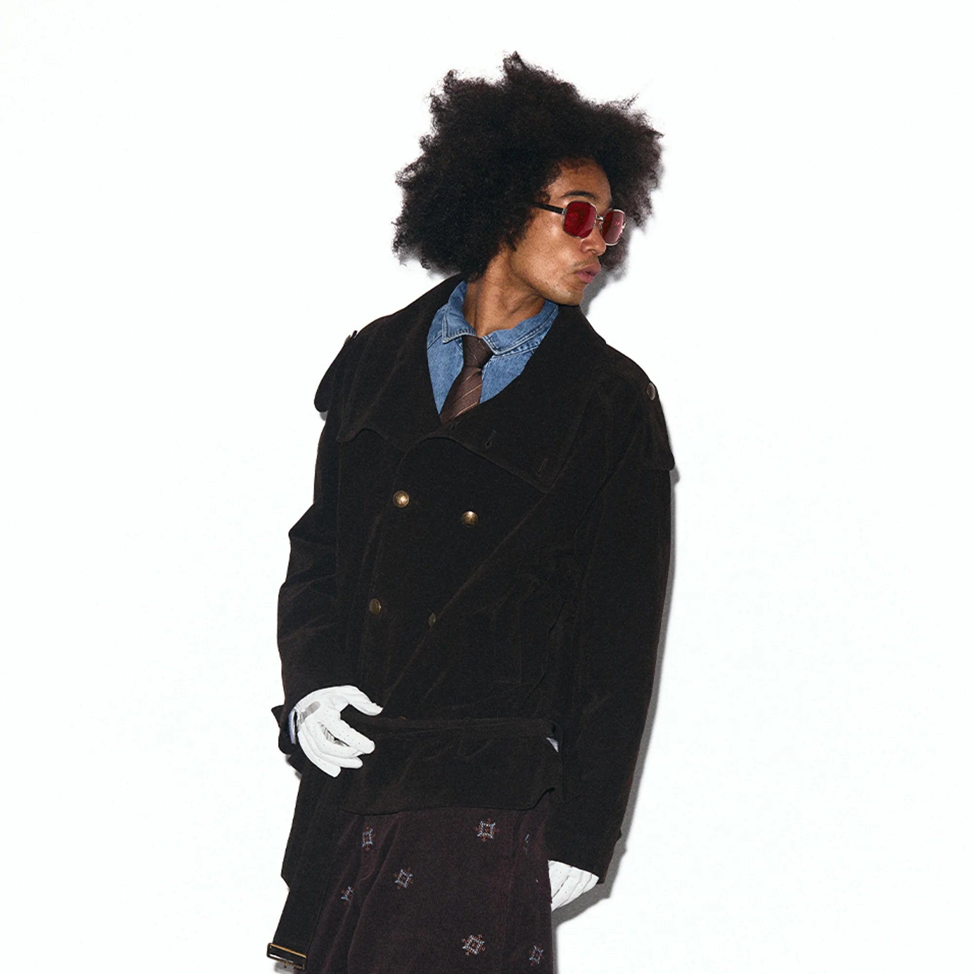 TRECLUB Velvet Double-Breasted Short Trench Jacket