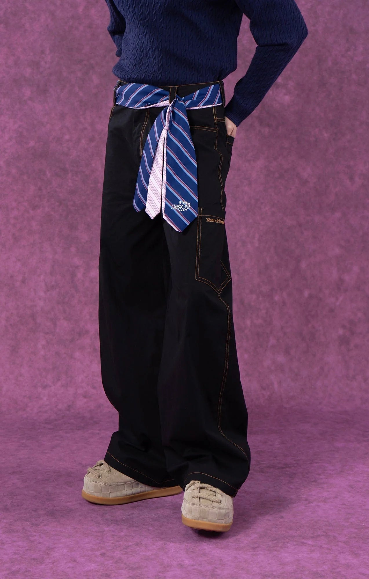 CLP Tie-Belt Multi-Pockets Stitched Pants