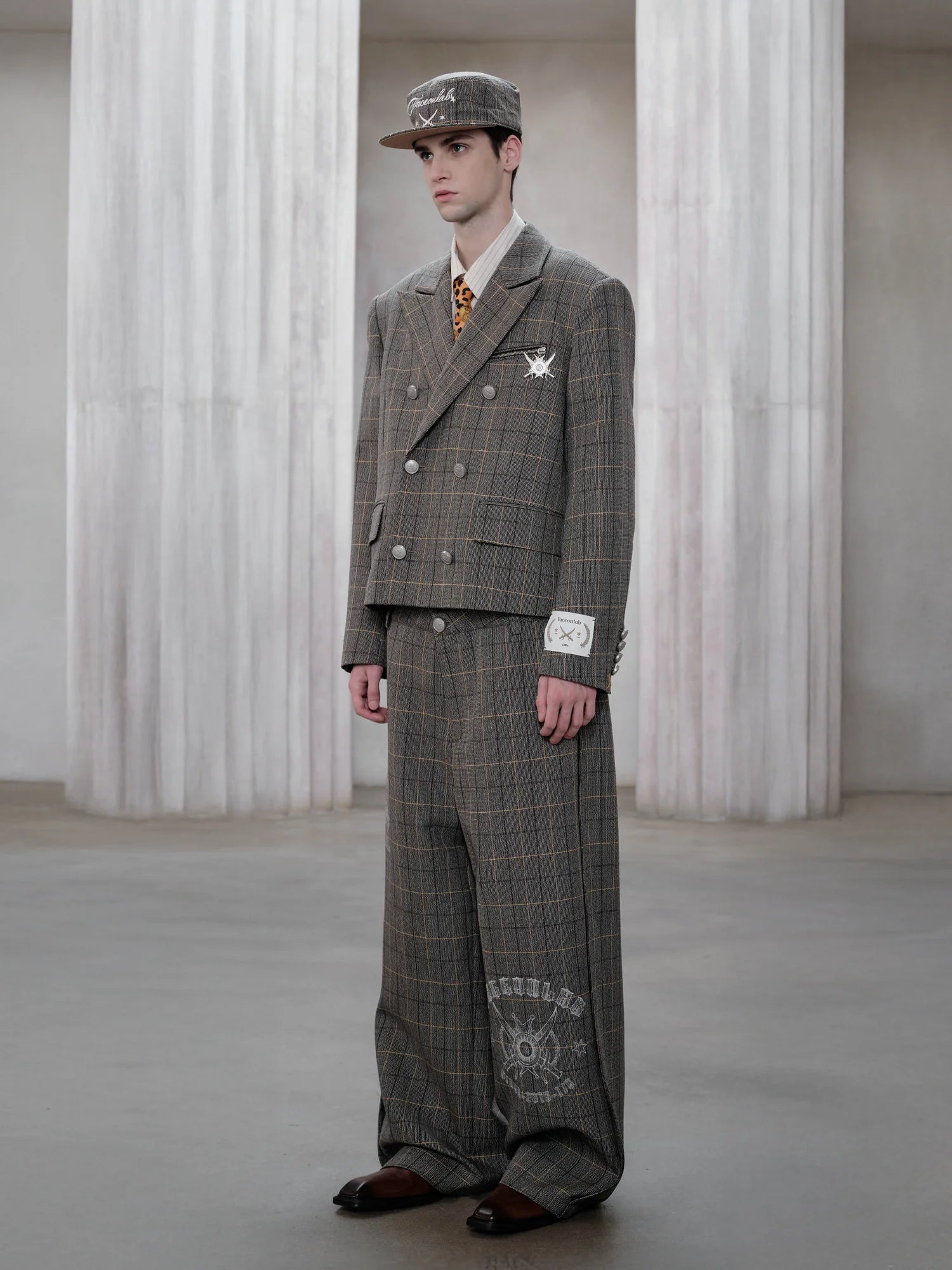 FACEONLAB Contrast Double-Waist Plaid Graphic Trousers