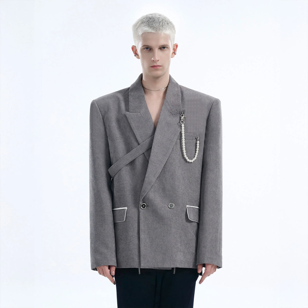 TIWILLTANG Asymmetrical Strap Pearl-Chain Corduroy Blazer