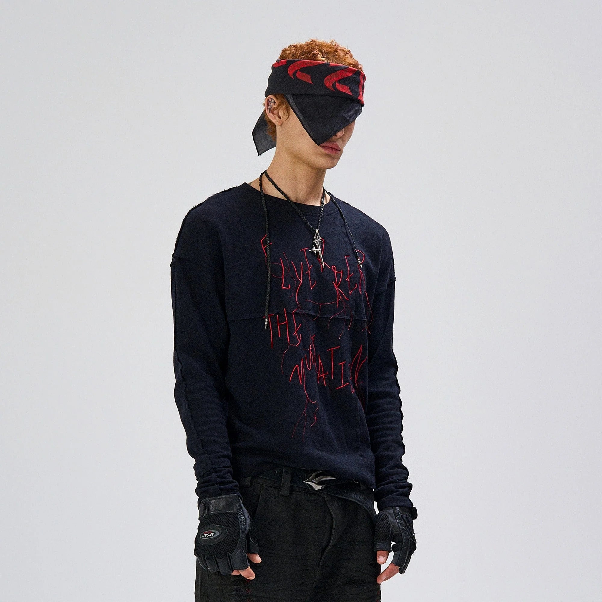 FLYERRER Cross-Panel Contrast Frayed Embroidered Long-Sleeve Tee