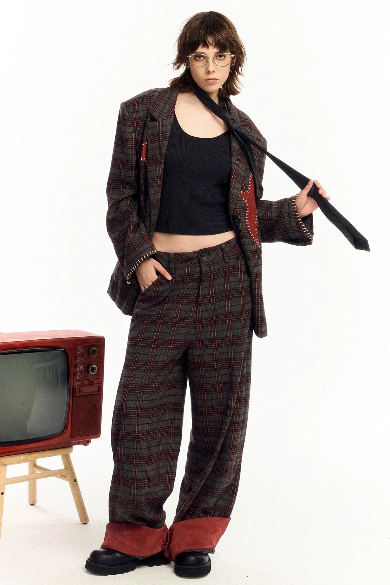OIPWORD Plaid Fold-Hem Trousers