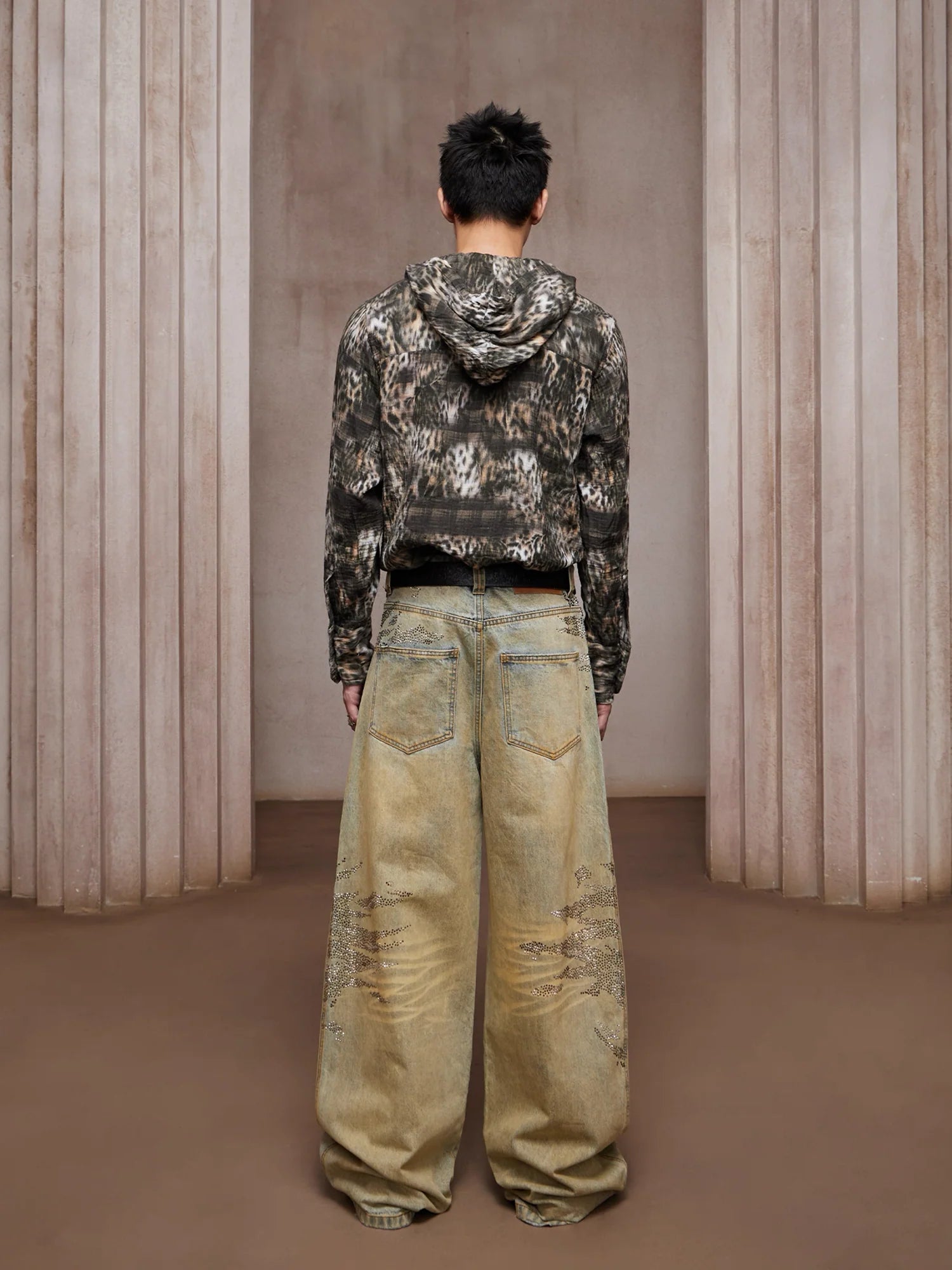 DND4DES Dirty-Washed Diamond Wide-Leg Jeans Yellow