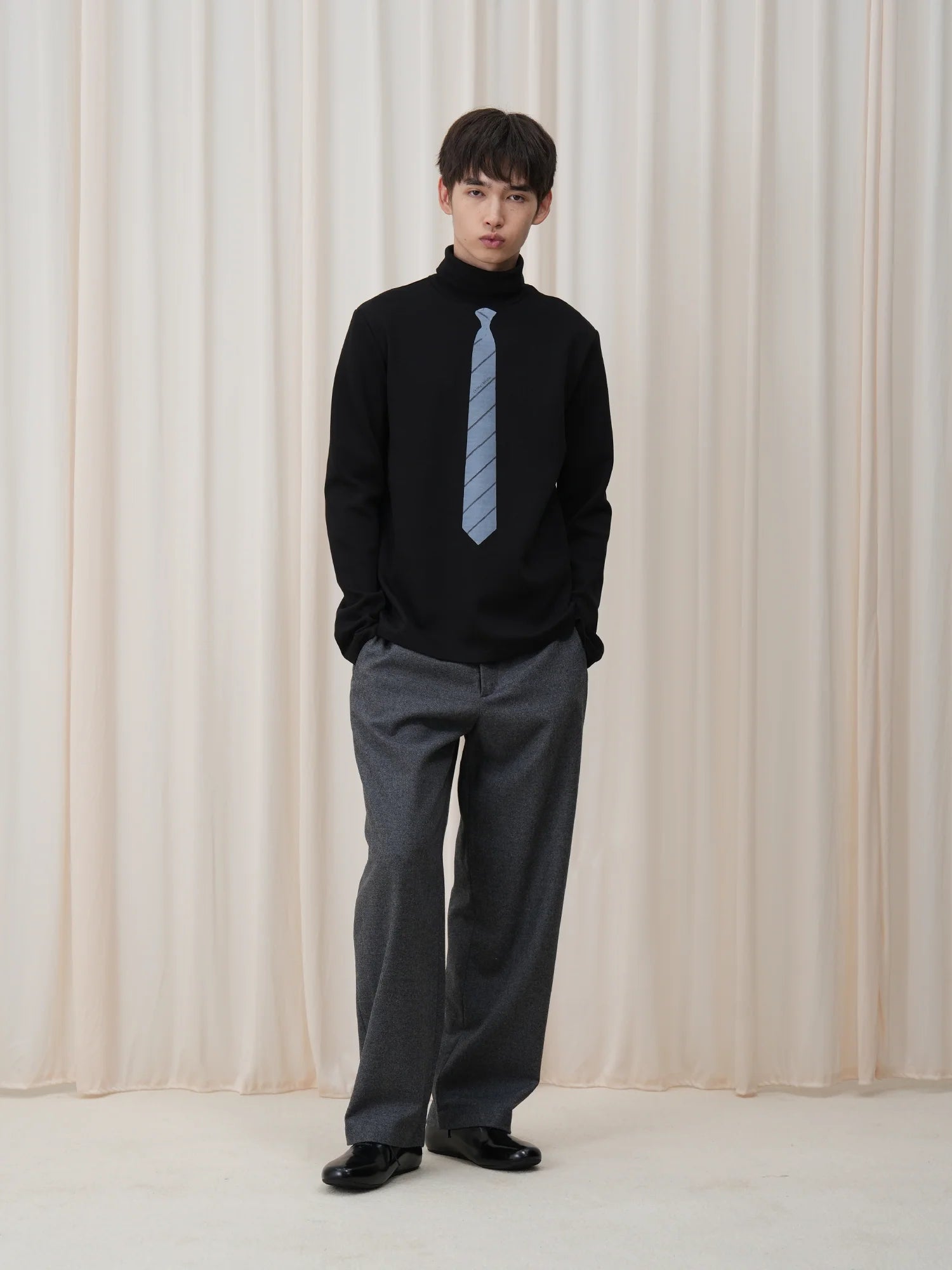 OUYANG WENJUN Stripes-Tie Graphic Turtleneck Long-Sleeve Tee