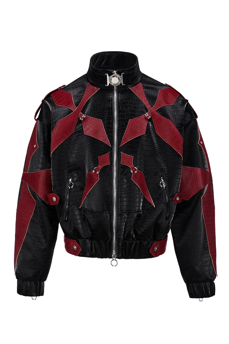 FLYERRER Four-Pointed Star Rivet Faux Feather Biker Jacket Red