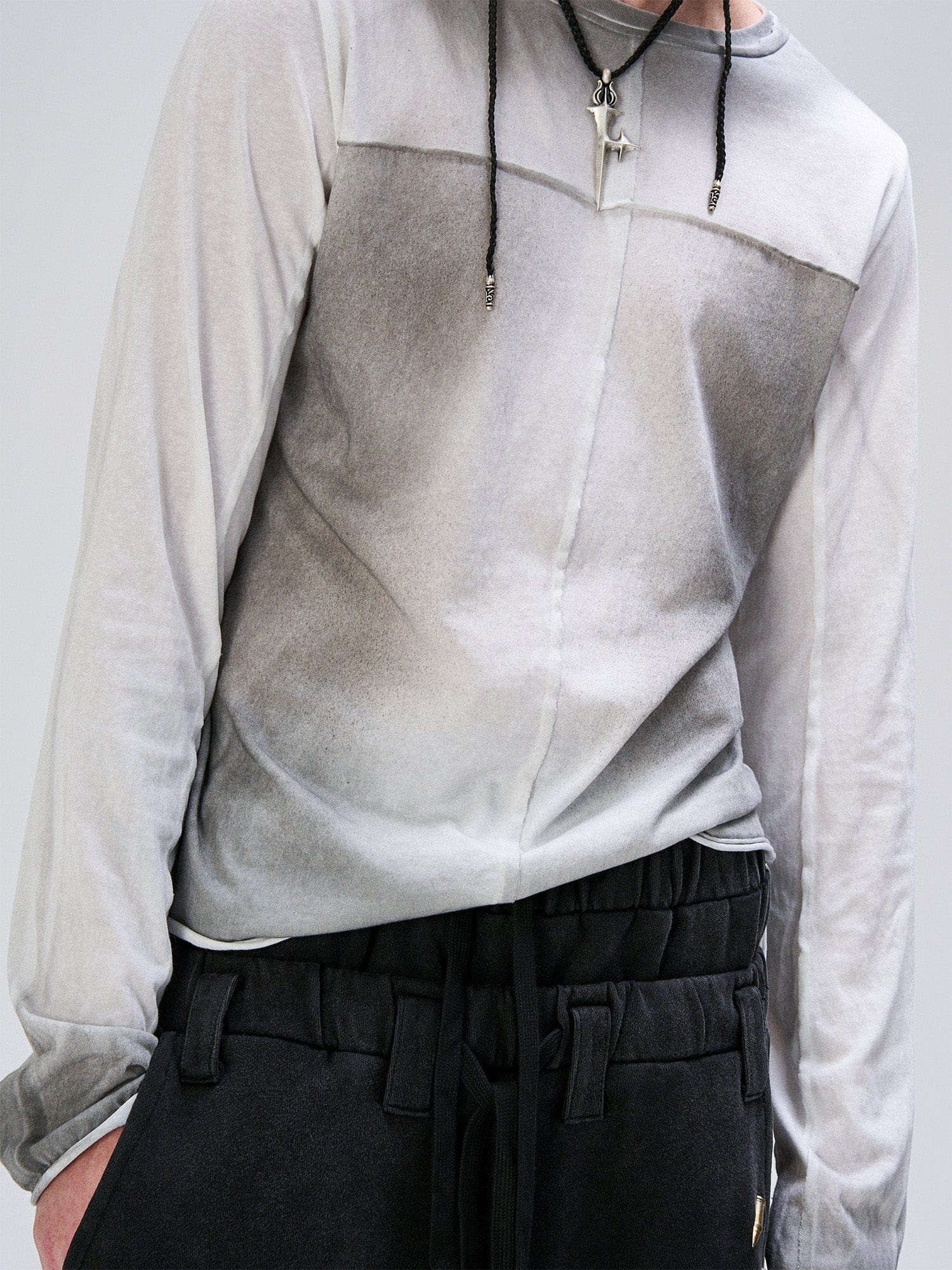 FLYERRER Washed Gradient Cross-Panel Raw-Edge Long-Sleeve Tee