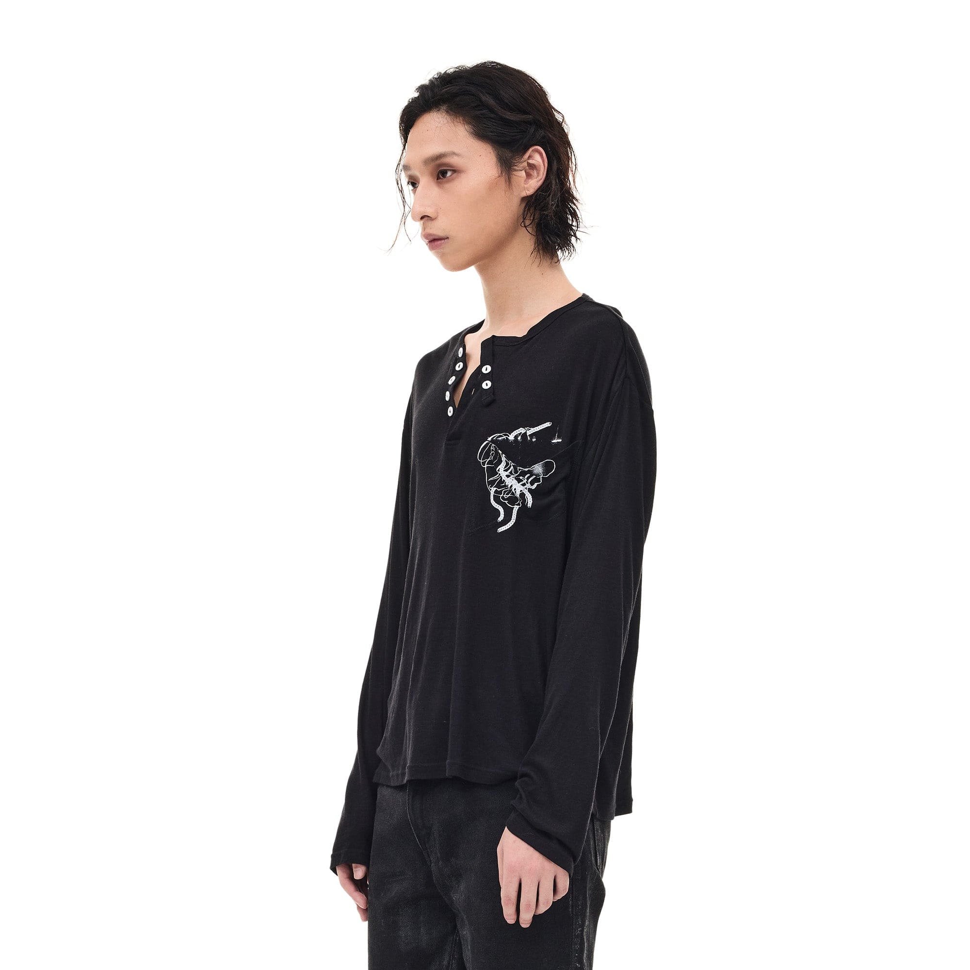 WHISTLEHUNTER Merino-Tencel Henley Graphic Long-Sleeve Tee