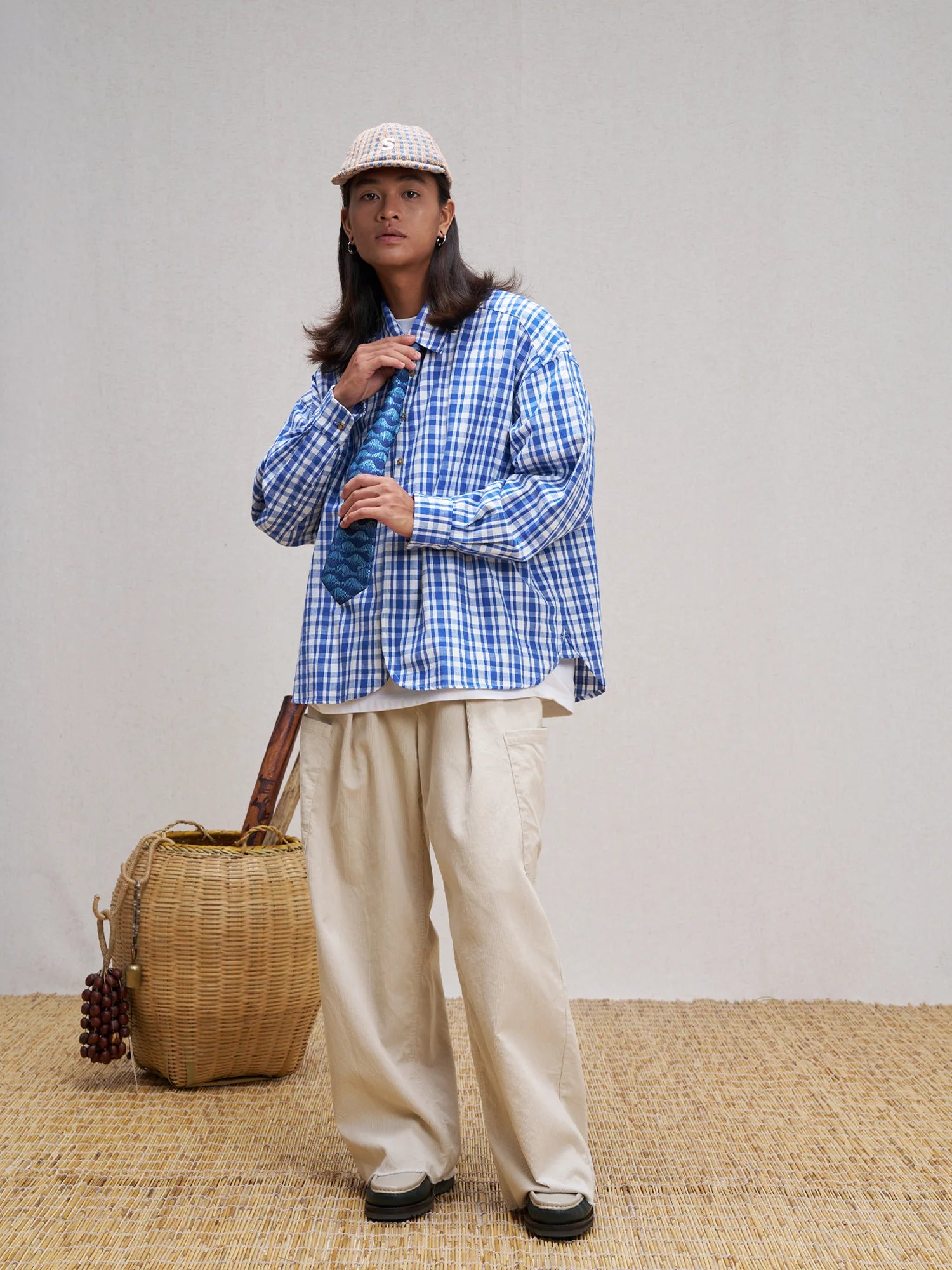 UNLIMITED MOTE Plaid Linen-Blend Half-Open Collar Shirt Blue