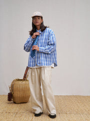 UNLIMITED MOTE Plaid Linen-Blend Half-Open Collar Shirt Blue