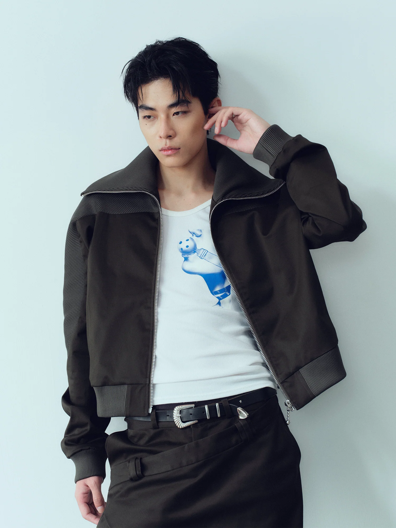 KADAKADA Rib-Spliced Stand-Collar Cropped Jacket