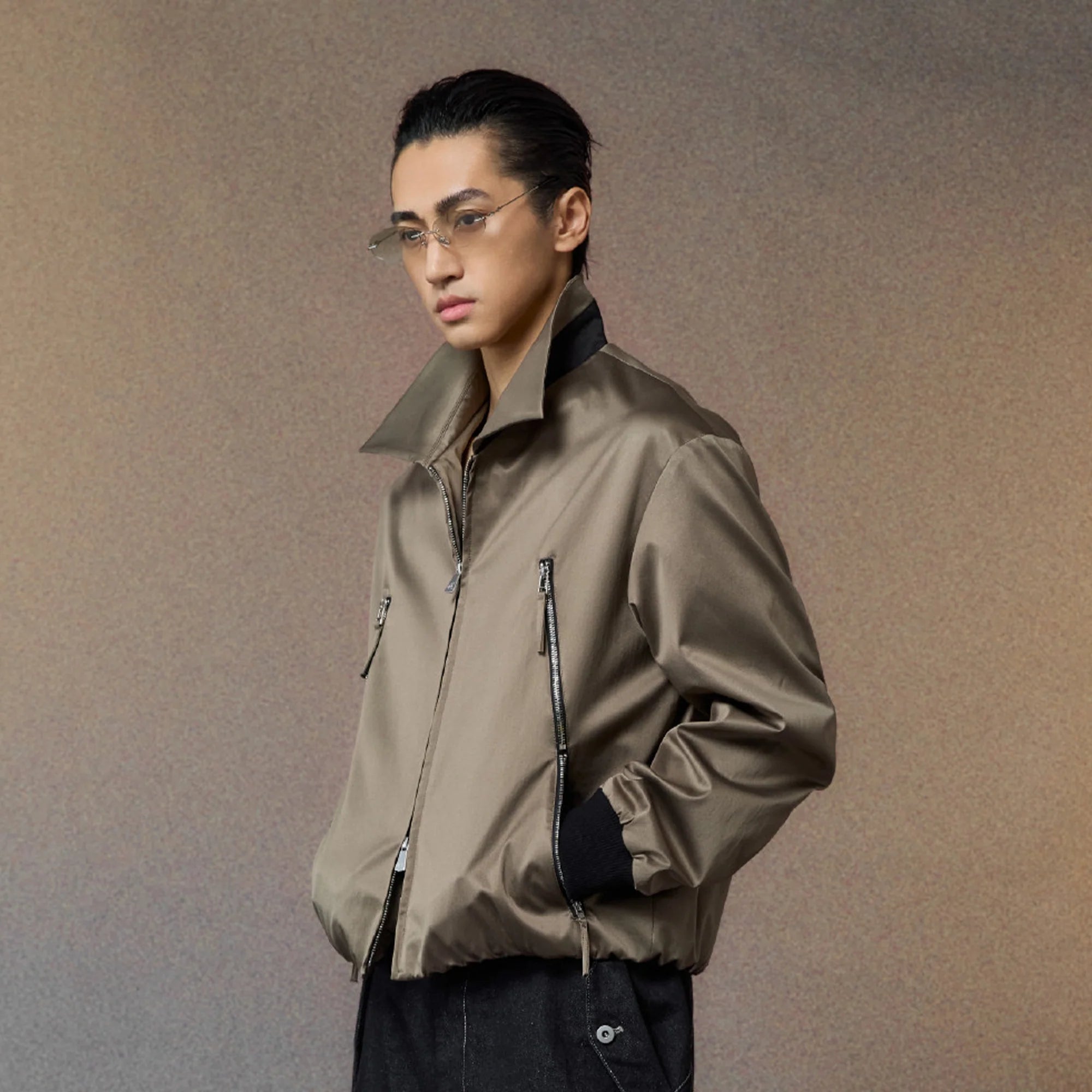 ALVNG AR ANTS Ruched-Sleeve Dual-Zips Bomber Jacket