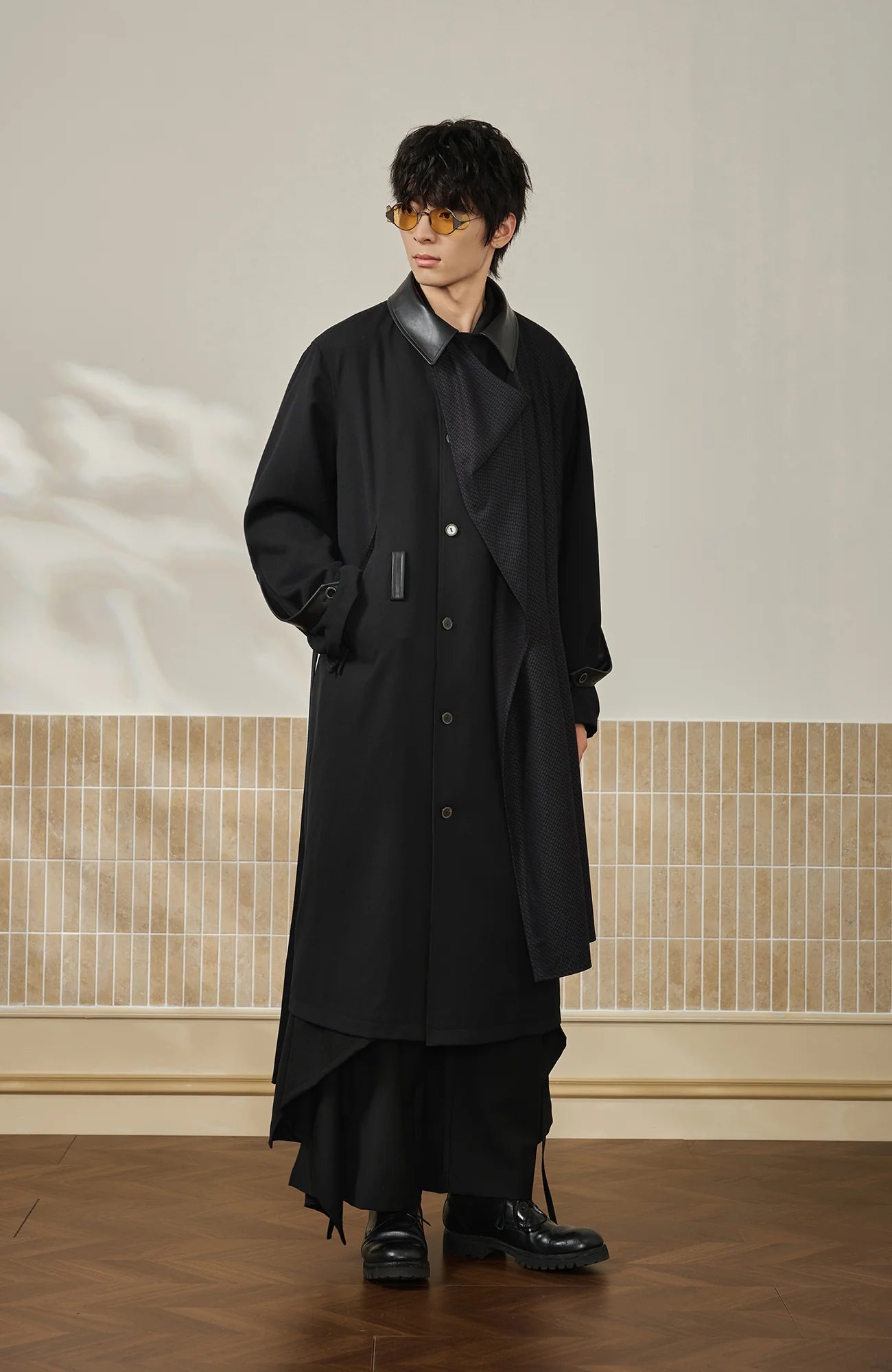 MOITIEDEPETALE Leather Paneled Belted Oversized Trench