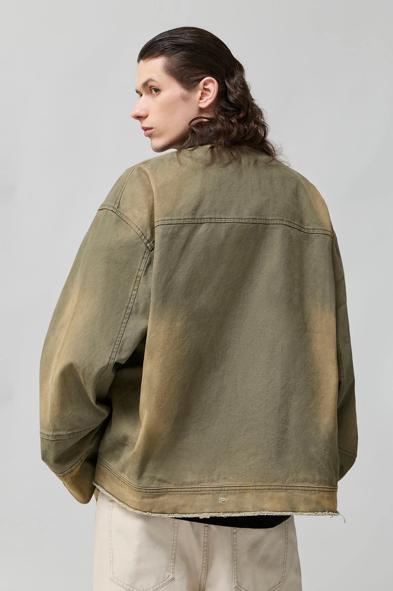 ORGANIC EMOTION Washed Contrast Collar Oversized Snap Jacket