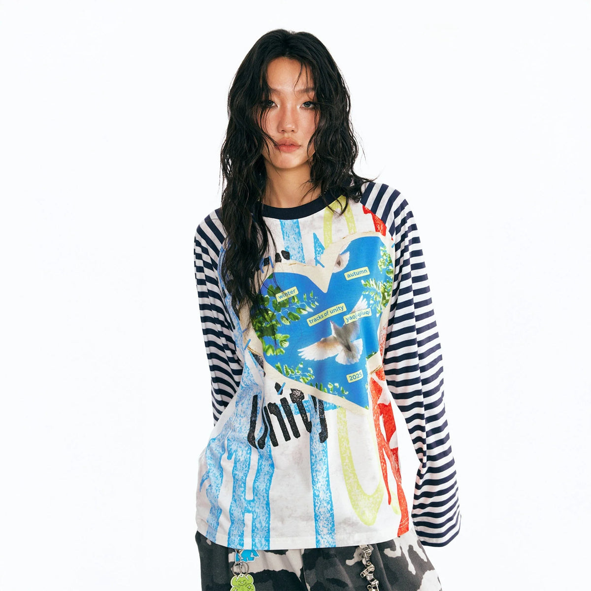 1997 POSTOFFICE Peace Dove Striped Raglan Long-Sleeve Tee