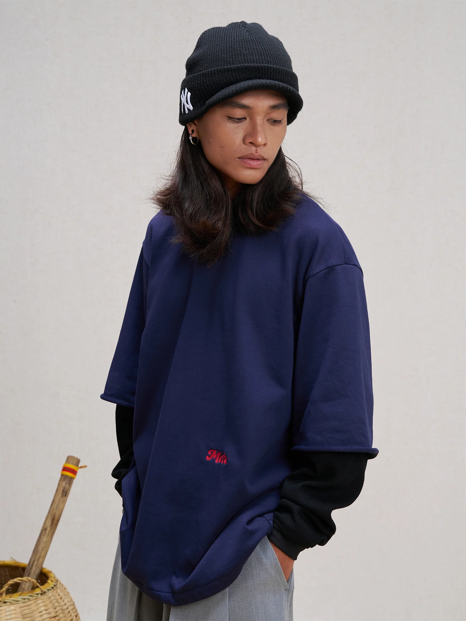 UNLIMITED MOTE Waffle Sleeve Layered Drawstring Hem Sweatshirt
