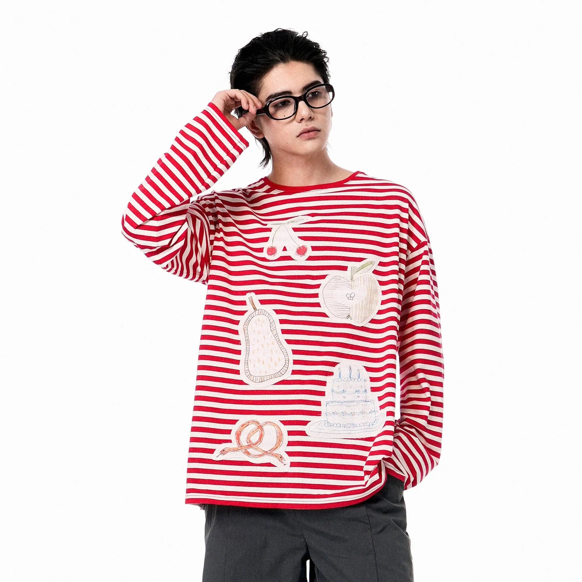 OIPWORD Snack Patchwork Striped Long-Sleeve Tee