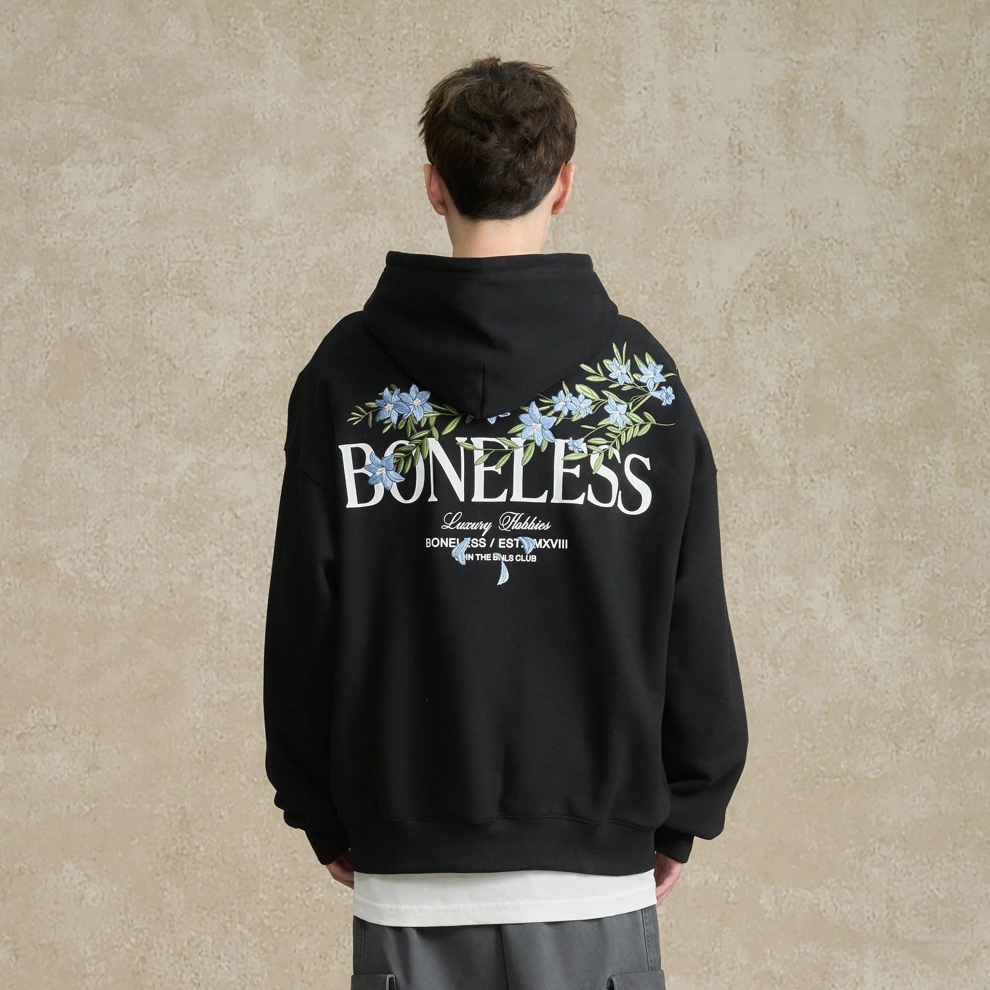 BONELESS Floral Embroidered Fleece-Lined Hoodie