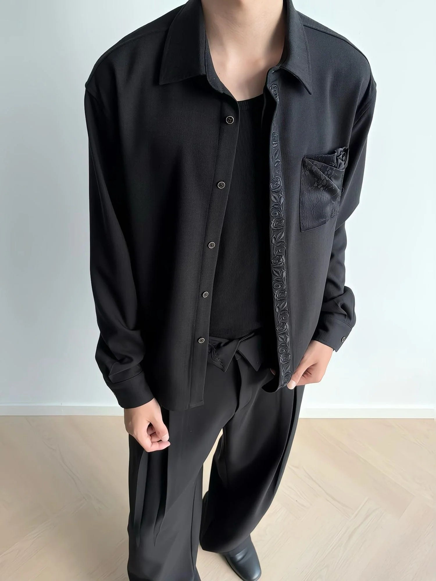 KREATE Floral Jacquard Trim Pocket Shirt