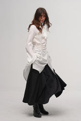 ILNya Nieternite Nifutur Ruched Waist Ruffle-Neck Long Shirt