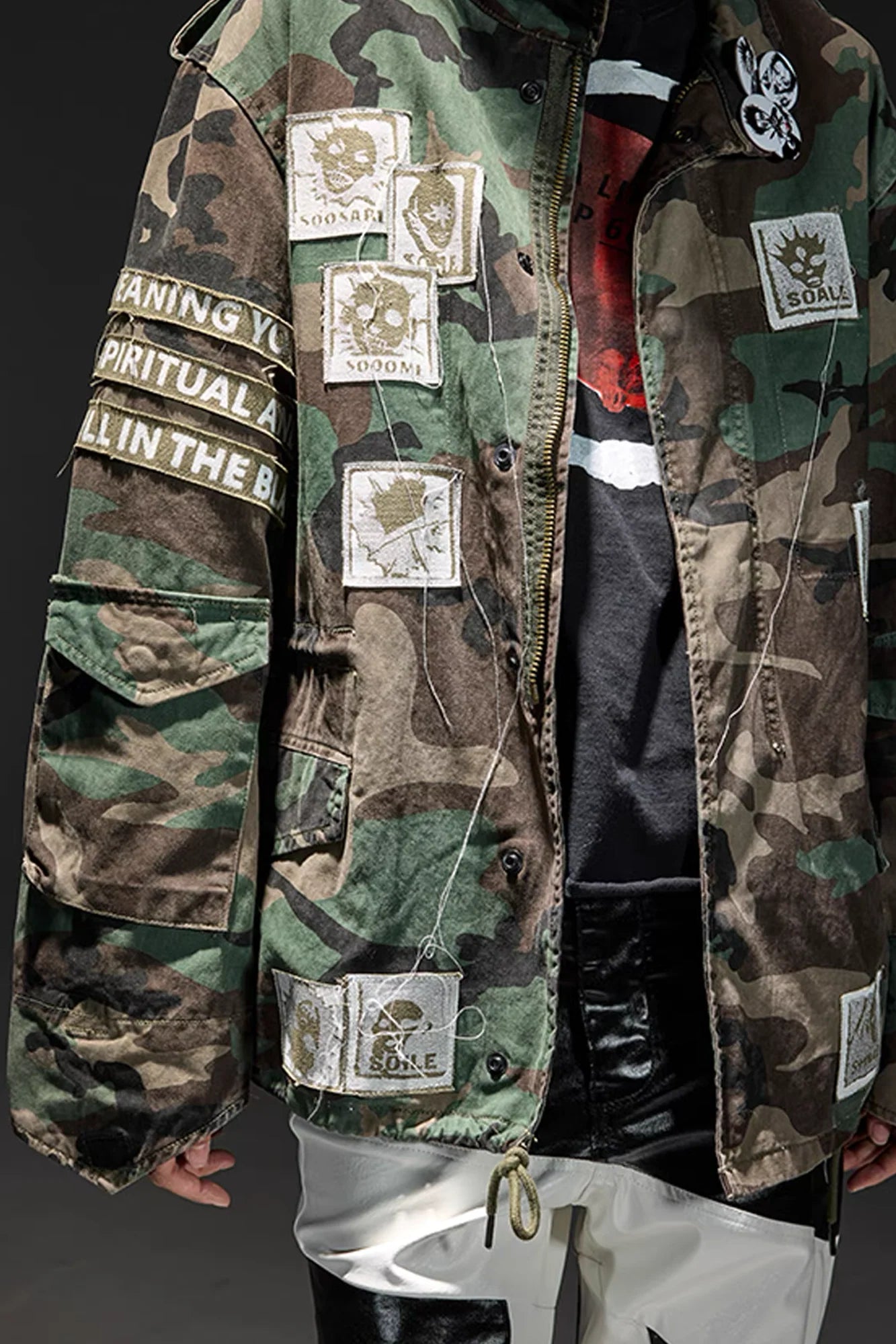 NOTHINGNESS WORLD Slogan Patchwork Multi-Pocket Utility Jacket