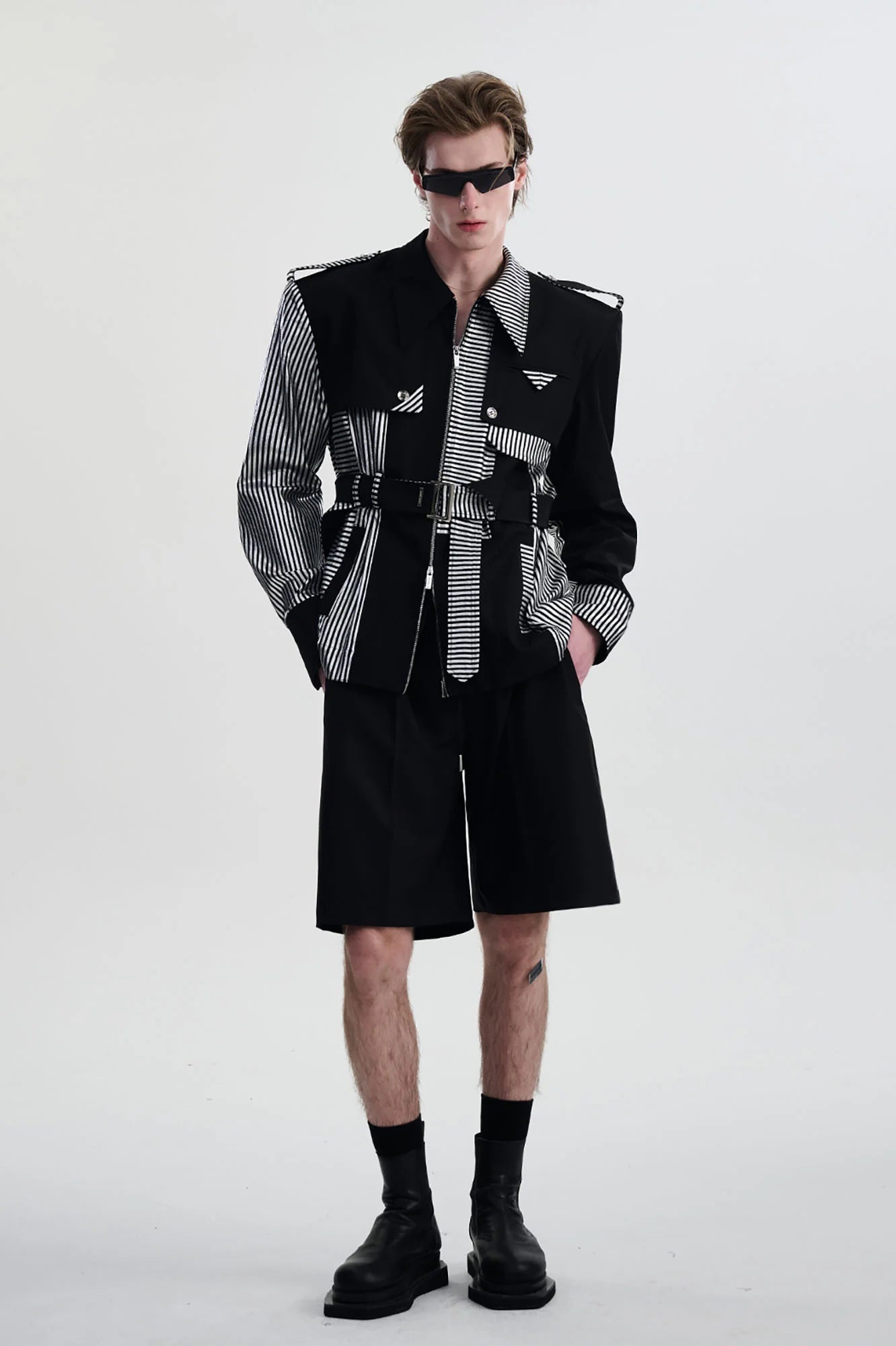 TIWILLTANG Contrast Deconstructed Belted Zip-Up Shirt