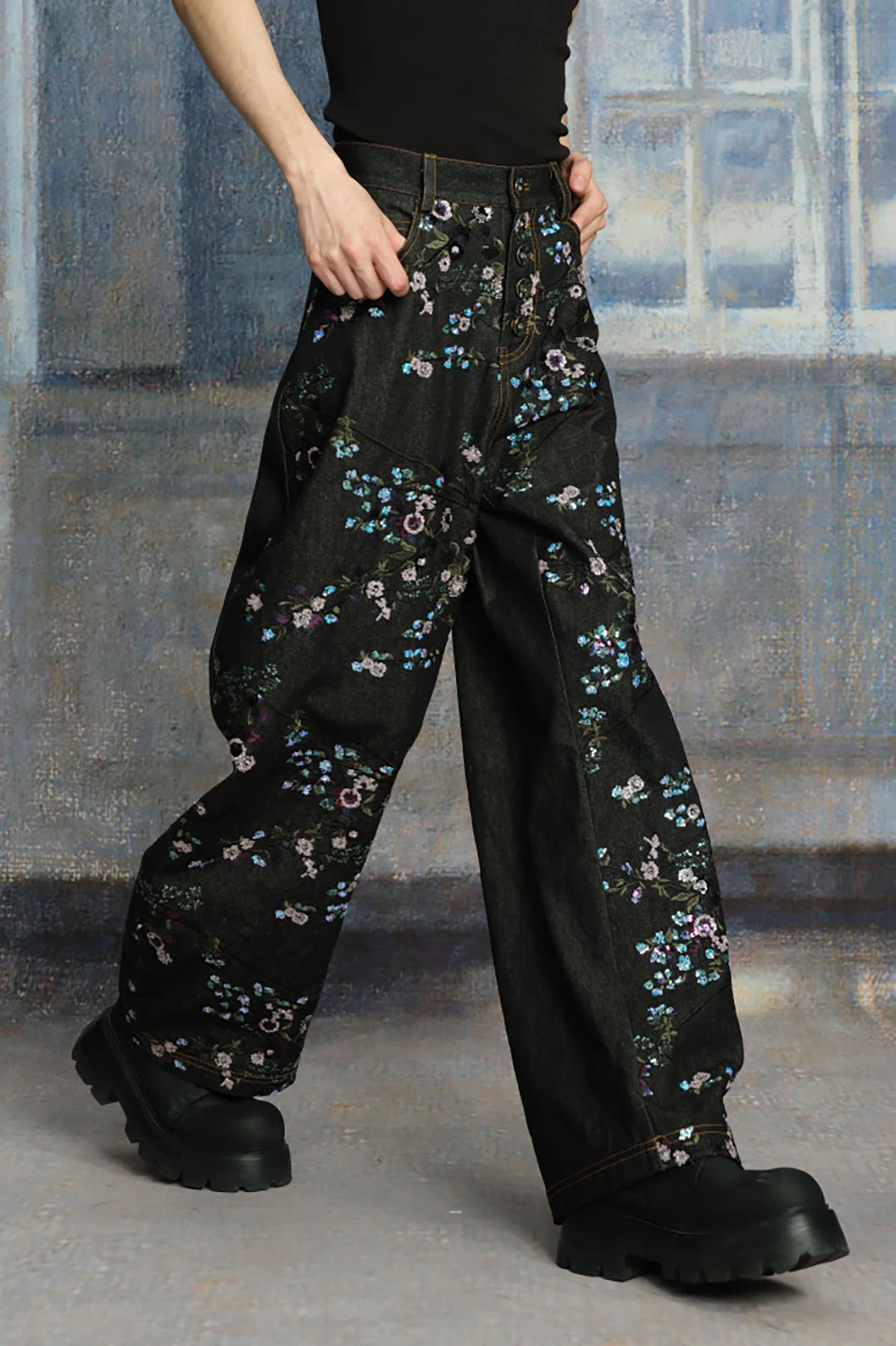 TUIMU Beaded Floral Embroidered Wide-Leg Denim Trousers