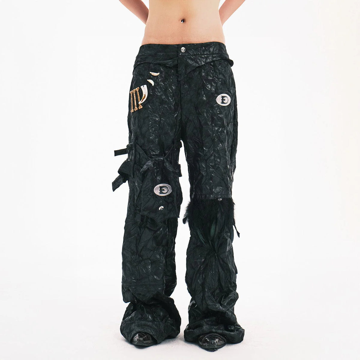 EMBRYO Deconstructed Faux Leather Bone Wrinkled Wide-Leg Pants