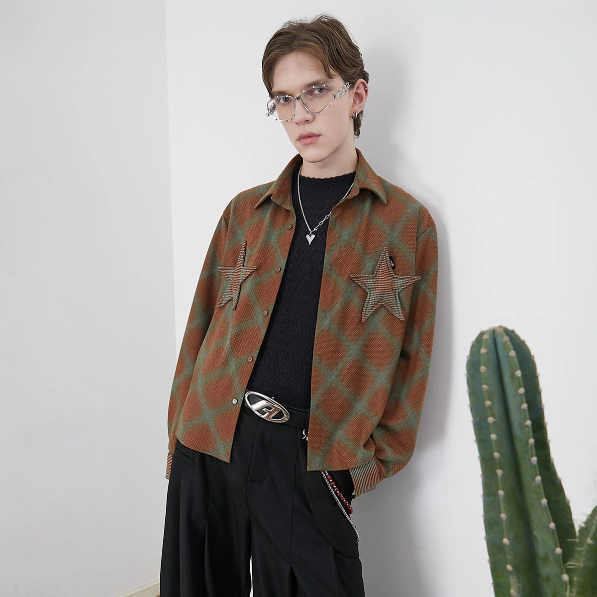 ASSEEN Symmetrical Star Patch Diamond Check Shirt