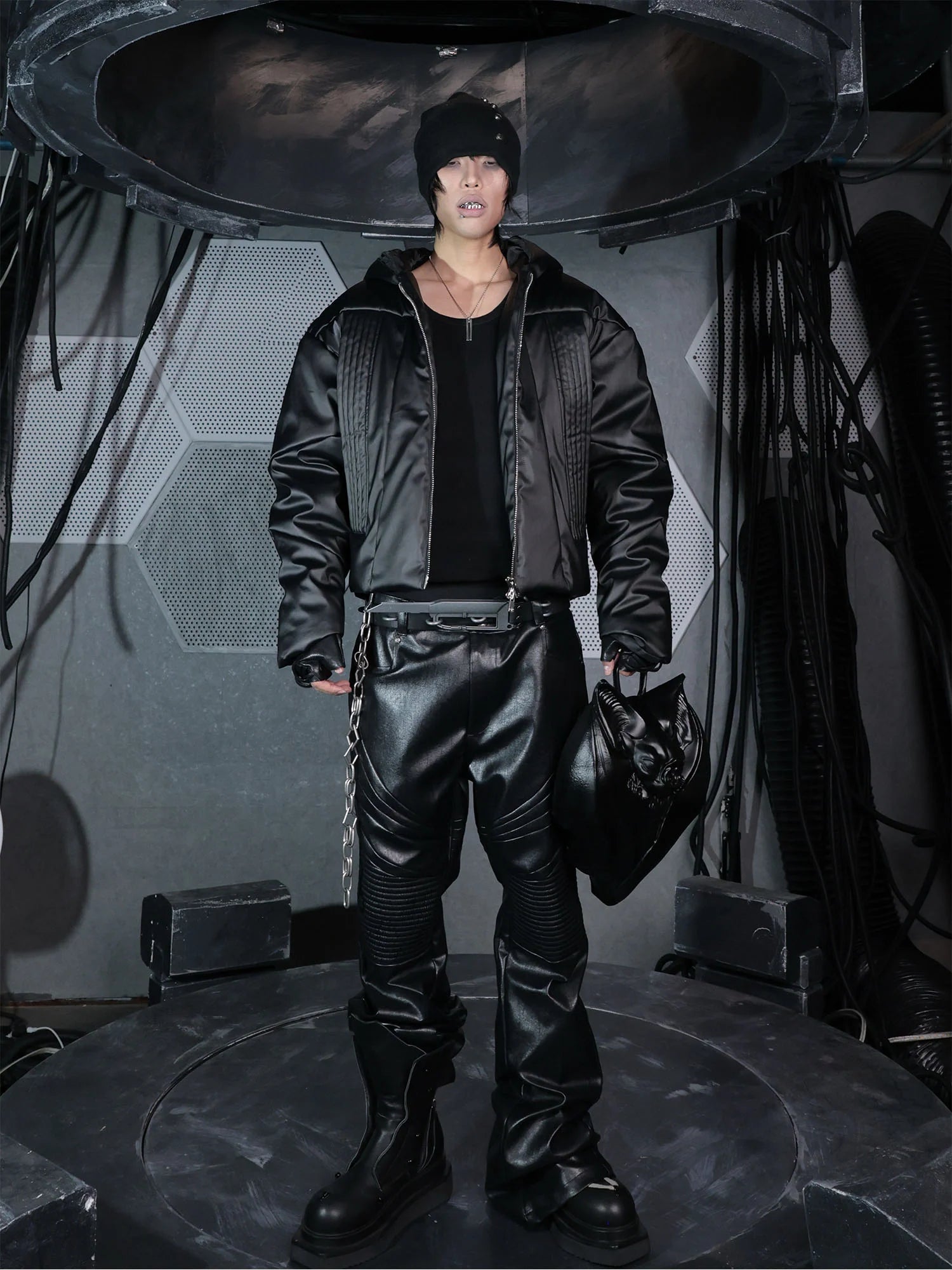 SSIN7 Paneled Faux Leather Flared Pants